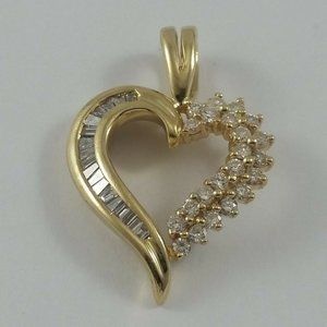 14K Karat Solid Yellow Gold Open Heart Round & Baguette Diamond Charm Pendant